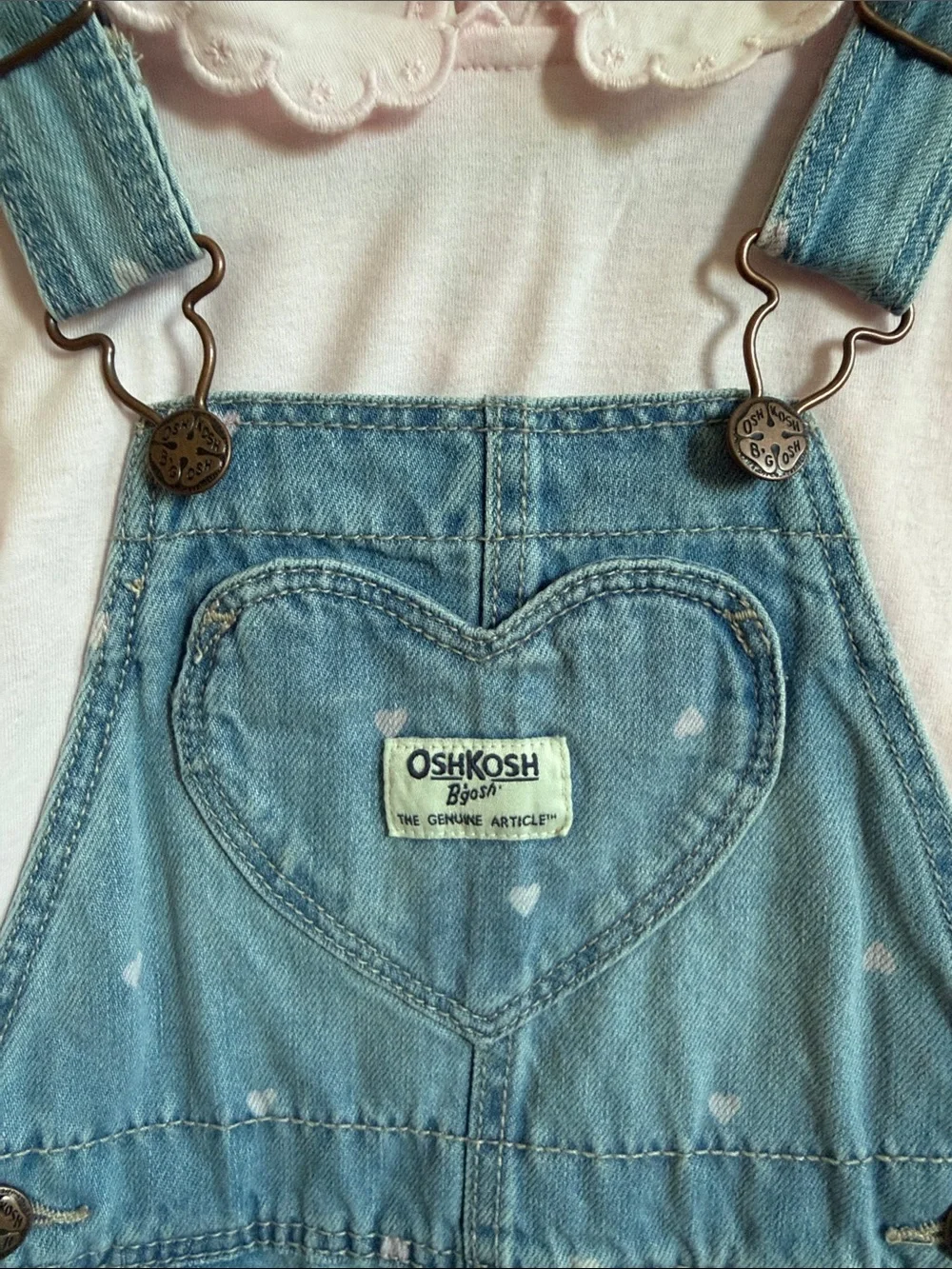 OshKosh B'gosh Light Blue Denim Overalls with Pink Hearts- Brand new!